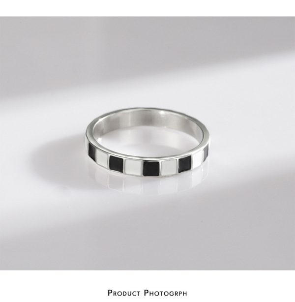 S925 Sterling Silver Epoxy Classic Black And White Plaid Ring Fashion