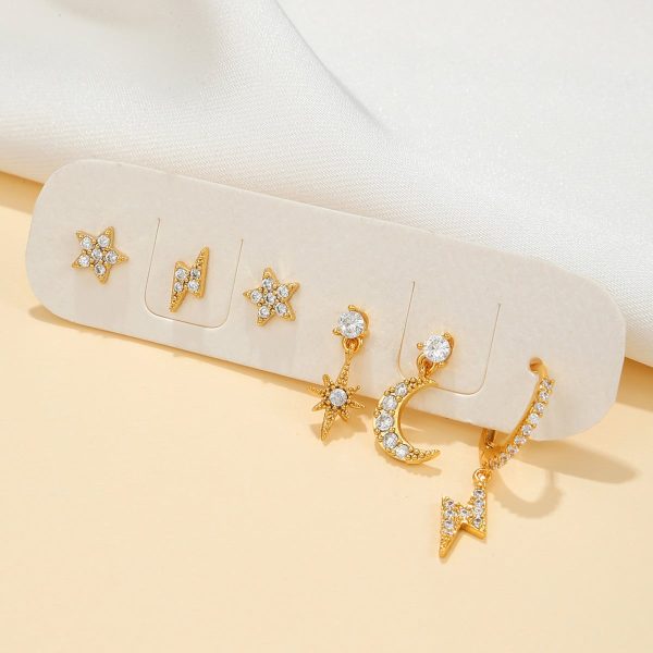 ba03d69d-1998-4b72-9f17-94e32ebddd93.jpg Fashion Five-pointed Star Moon Sun Lightning Earrings Six-piece Set Earrings