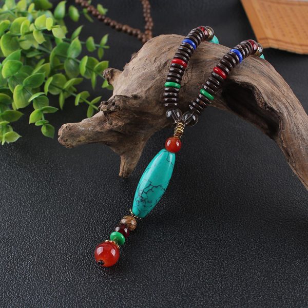 Chicken Wings Wooden Prayer Beads Long Men's Necklace Imitation Turquoise Pendant Wooden Bead