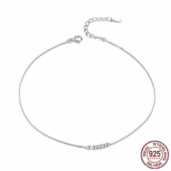 Sterling Silver Anklet Round Beads White Gold Plated S925 Simple
