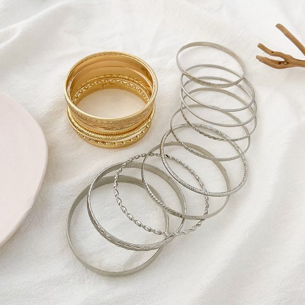 Ethnic Style Alloy Retro Wide Gold Glossy Wristband Bracelet 10 PCs Set