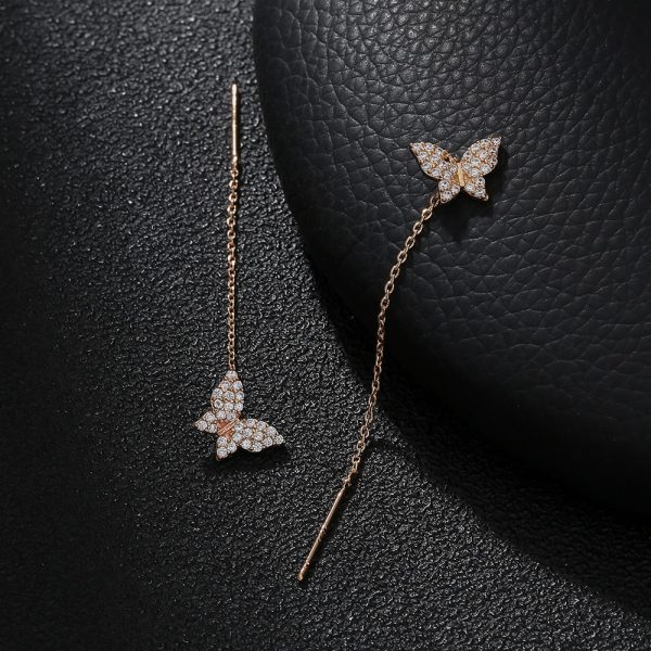 Butterfly Copper Micro Set Zircon Tassel Ear Line Femininity Senior Sense Long Tassel Face Thin Delicate Earrings
