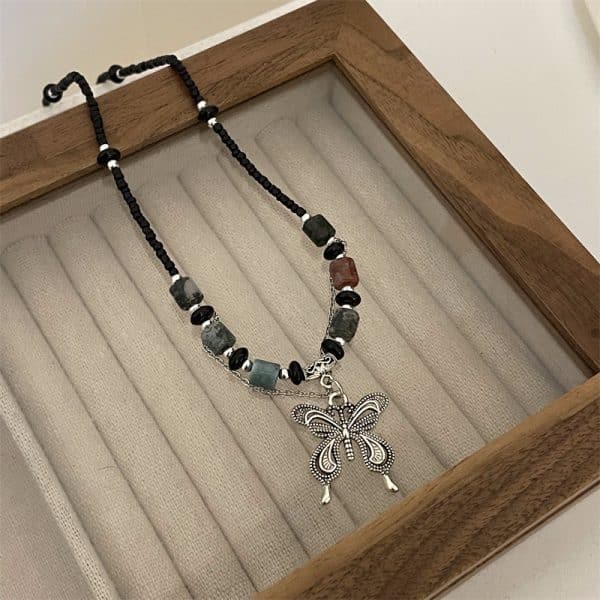 Natural Beaded Stone Butterfly Necklace