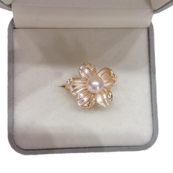 5A Bright Natural Freshwater Pearl Ring 18K Real Gold Plated Frosted Flower Ring