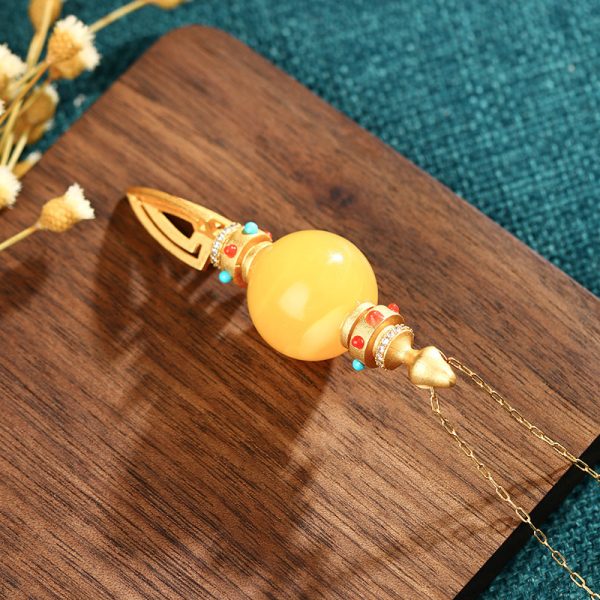 Ethnic Style Ancient Style Gold-plated Inlaid Imitation Old Honey Round Beads Vajra Men's And Women's Pendant Necklace