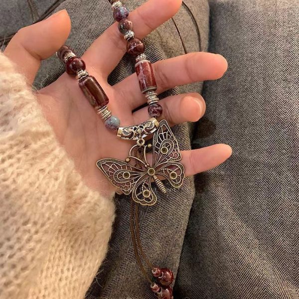 Retro Hong Kong  Ceramic Butterfly Pendant Necklace