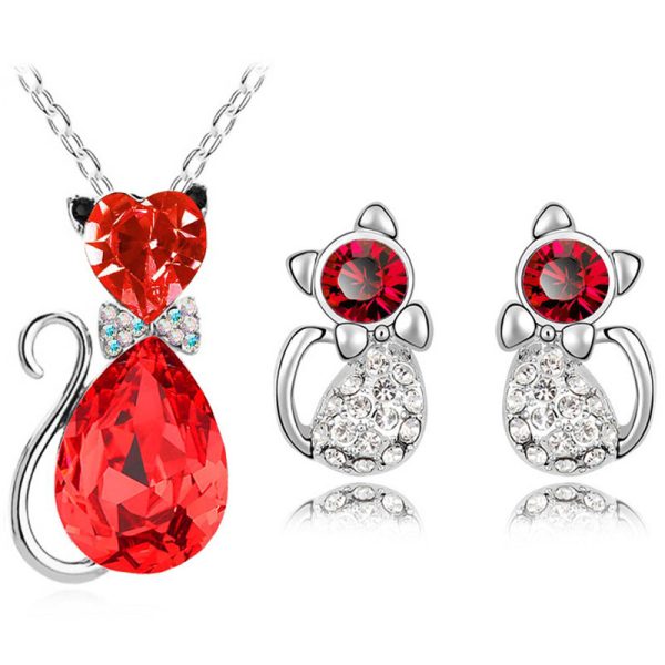 Jewelry Set Austrian Crystal Cute Bow Kitten