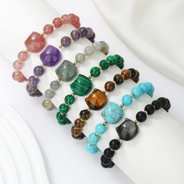 Natural Stone Cat Head Bracelet Gray Moonlight