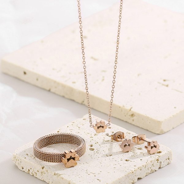 Ring Mesh Cat's Paw Stainless Steel Necklace Bracelet Cute Pet Four-piece Ring Set Jewelry