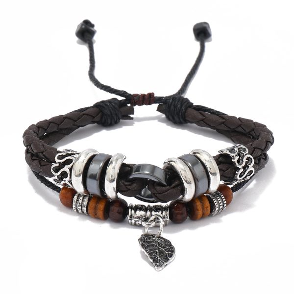 Woven Leaf Pendant Men's Leather Bracelet Simple