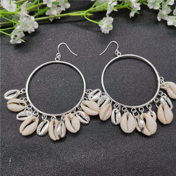 Boho Style Natural Shell Earrings Circle Tassel Pendant Earrings