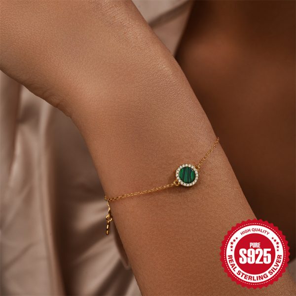 S925 Sterling Silver Classic Round Malachite Diamond All-match Bracelet