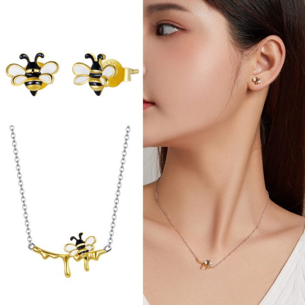 Real Gold Plated Small Bee Earrings Necklace Set, Garden Style Insect S925 Silver Jewelry