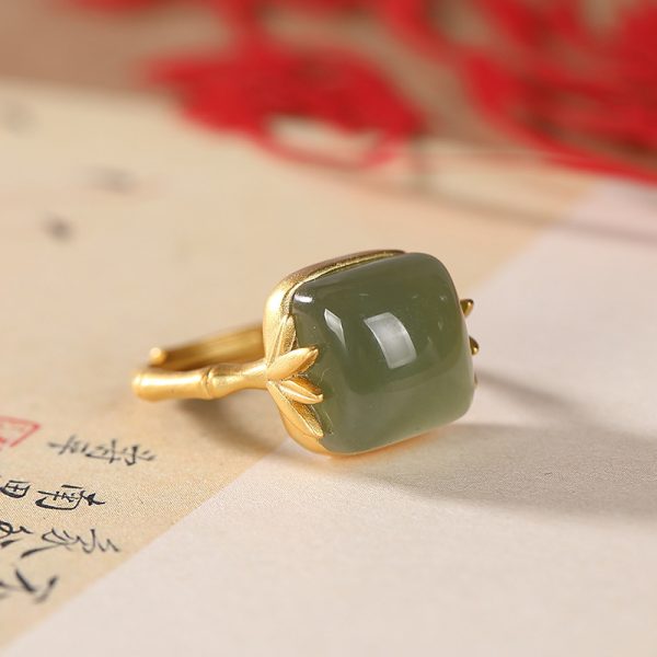 S925 Silver Ring Natural Hetian Gray Jade Retro