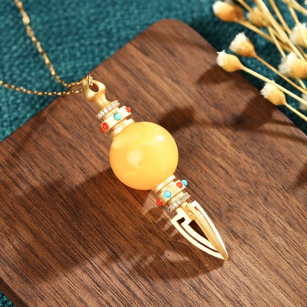 Ethnic Style Ancient Style Gold-plated Inlaid Imitation Old Honey Round Beads Vajra Men's And Women's Pendant Necklace