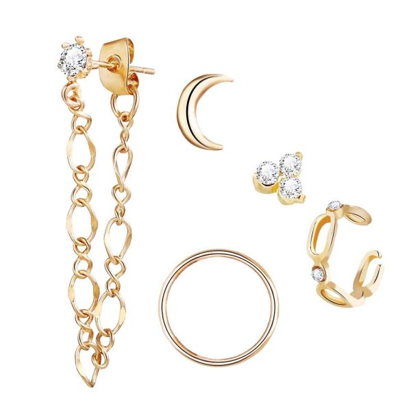 Moon Full Diamond Chain Earring Set 5-piece Set
