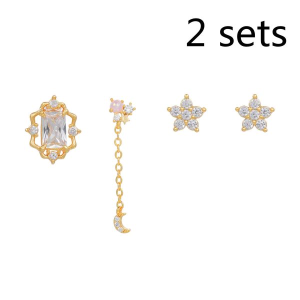 Earring Set, Moon Earrings, Gold Floral Earrings, Small Chain Earrings