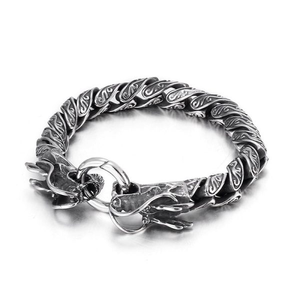 Vintage Distressed Power Style Personalized Double Chinese Dragon Heads Titanium Steel Bracelet