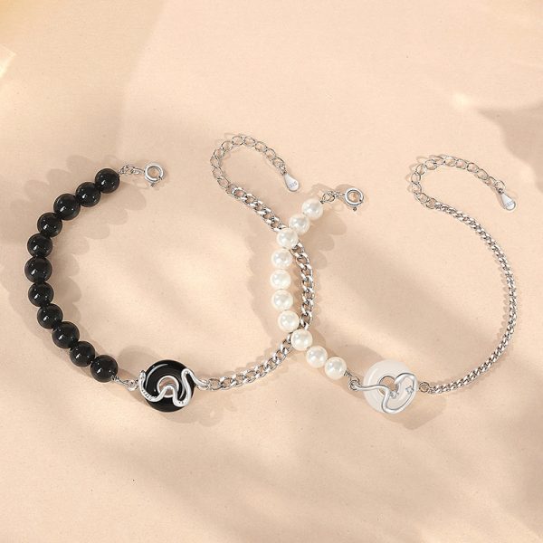 925 Sterling Silver New Chinese Obsidian Pearl Bracelet Safe Buckle Love Old Bracelet