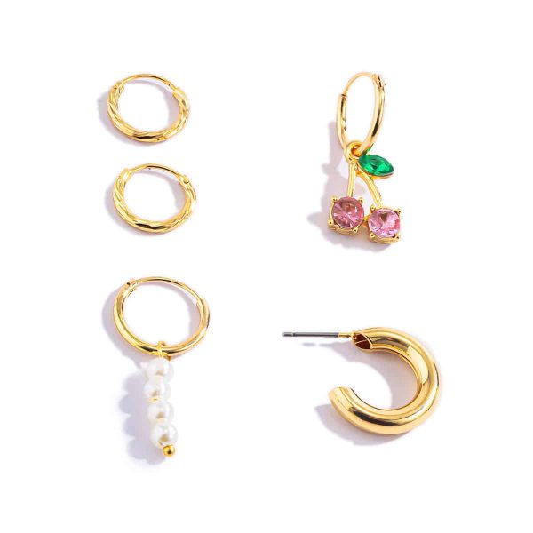 Simple Temperament Pearl Diamond And Cherry Earrings Set