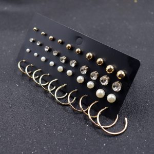 20 Pairs One Card Set Pearl Rhinestone Small Circle Stud Earrings