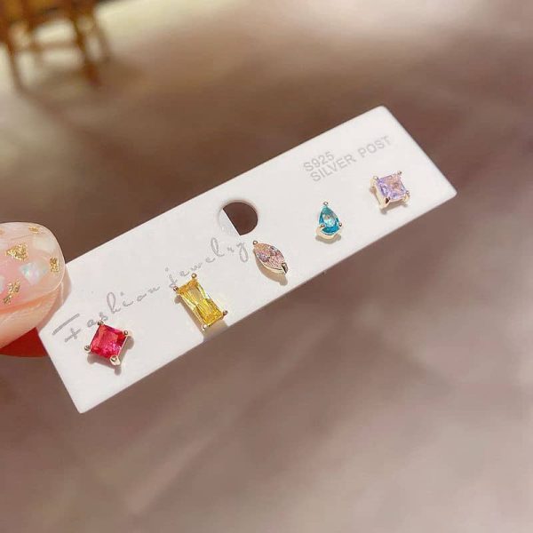 Copper 5 Colors Zircon Stud Earrings Set Geometry Small