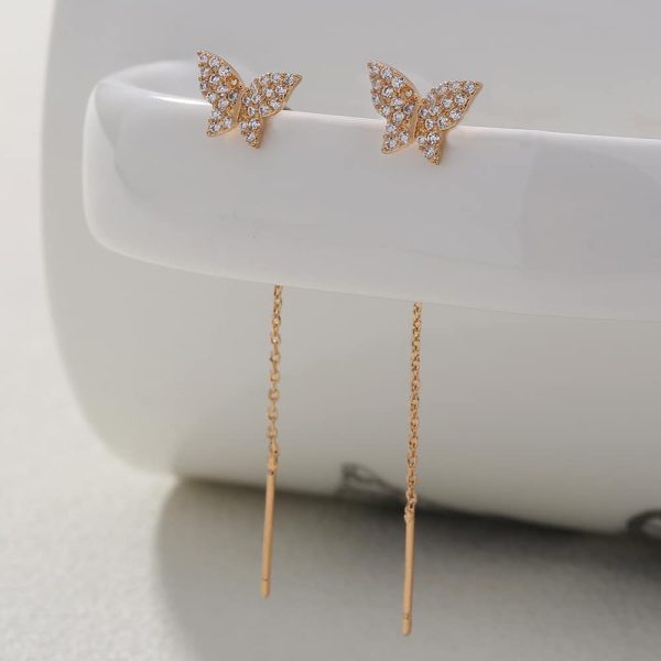 Butterfly Copper Micro Set Zircon Tassel Ear Line Femininity Senior Sense Long Tassel Face Thin Delicate Earrings