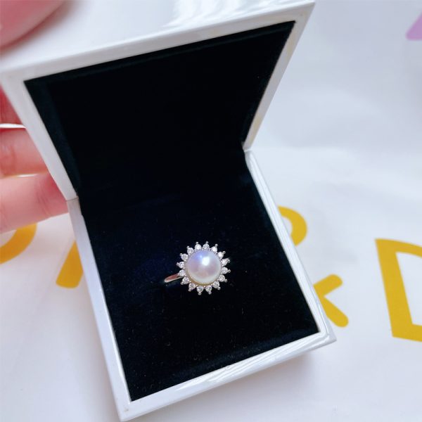 Round Zircon Natural Freshwater Pearl White Copper Plating Golden Ring