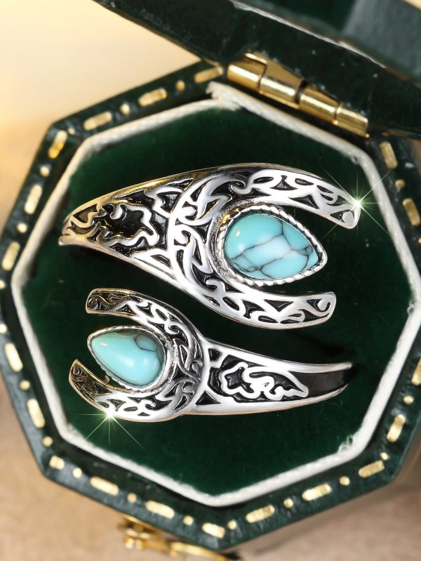 Bilateral Water Drop Turquoise Smear Fashion Carved Adjustable Ring