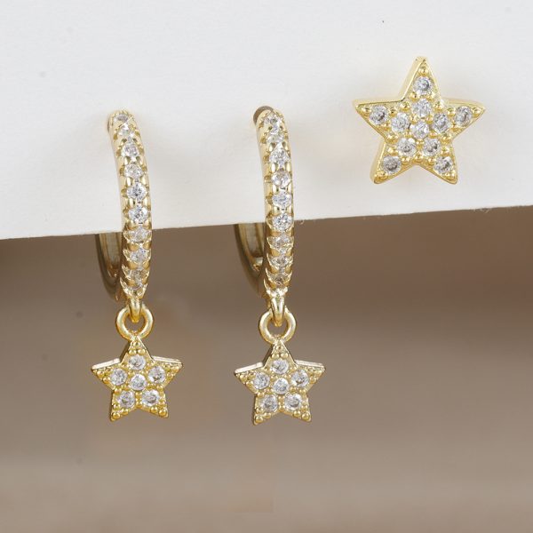 18K Real Gold Electroplated Zircon Moon Studs Three-piece Set