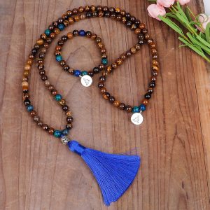 Tiger Eye Stone Bead Necklace Handmade Buddha Head Yoga