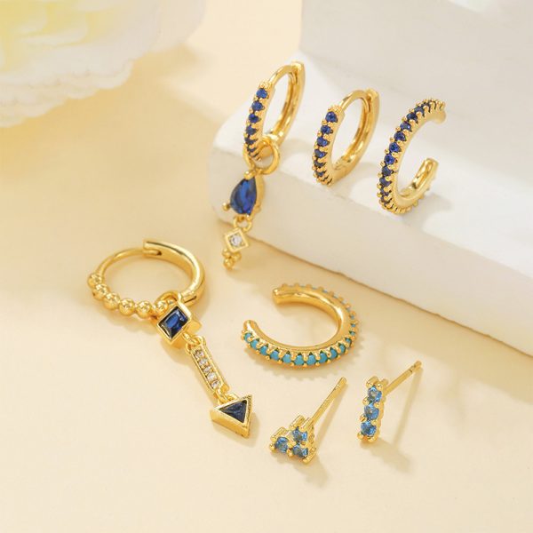 Geometric Water Drop Ink Blue Zircon Earrings 7-piece Set