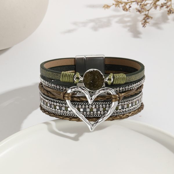 Leather Cord Bracelet Bohemian Multi-layer Rough Stone Love Jewelry For Girls