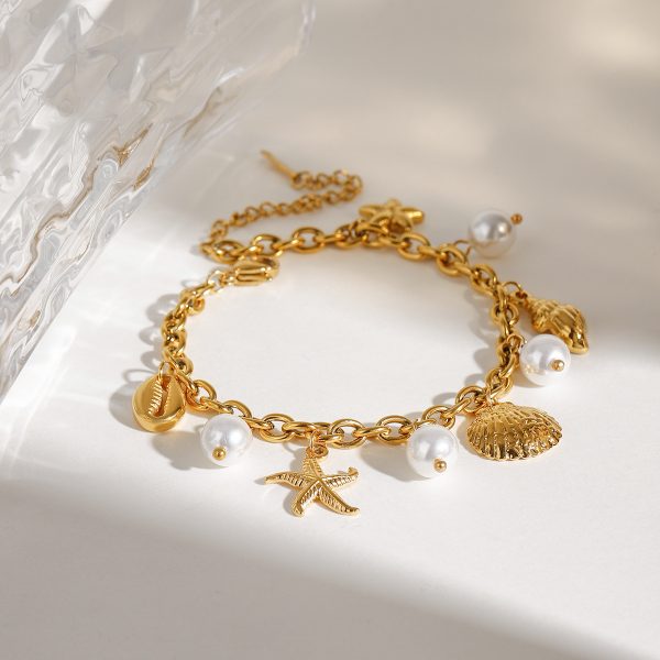 Women's Stainless Steel 18K Dold Pearl Shell Pendant Bracelet
