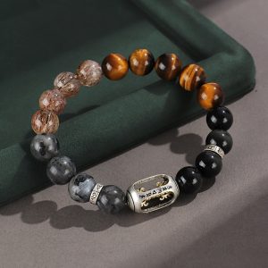 925 Silver Hoop Mantra Yellow Tiger Eyes Black Myth Wukong Men And Women Bracelet