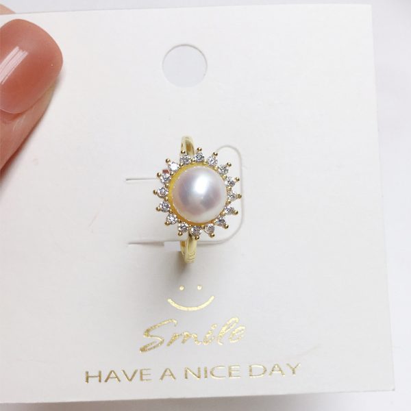 Round Zircon Natural Freshwater Pearl White Copper Plating Golden Ring