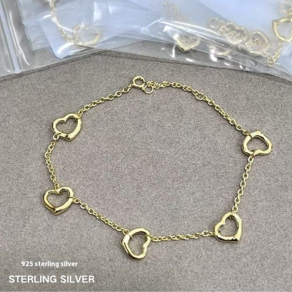 Sterling Silver S925 Love Glossy Five Love Heart Bracelet Hollow Out