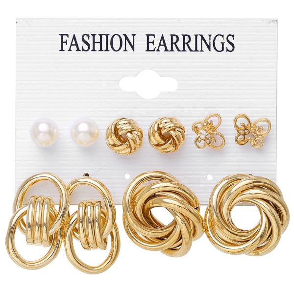 Cross-border Hot Selling Inlaid Pearl Twist Temperament Women's Earrings Set 6 Pieces Creative Retro Gold Love Heart Stud Earrings