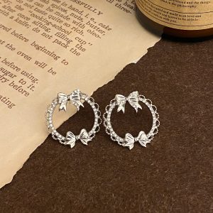 French Style Temperament Bowknot Zircon Stud Earrings Geometric Hollow Circle