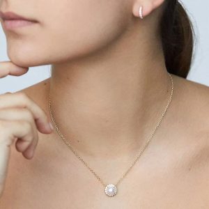 S925 Sterling Silver Round Rhinestone Pearl Pendant Clavicle Chain