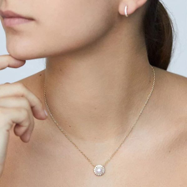 S925 Sterling Silver Round Rhinestone Pearl Pendant Clavicle Chain