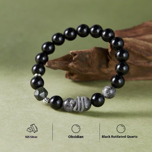 S925 Sterling Silver Retro Birth Year Obsidian Black Hair Crystal Snake Year Bracelet