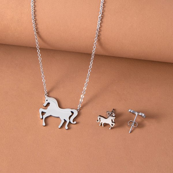 Stainless Steel Gold Silver Unicorn Horse Necklace Earrings Jewelry Set
