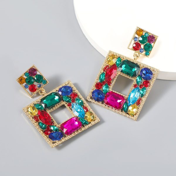 Multi-layered Square Alloy Diamond-set Glass Diamond Geometric Earrings