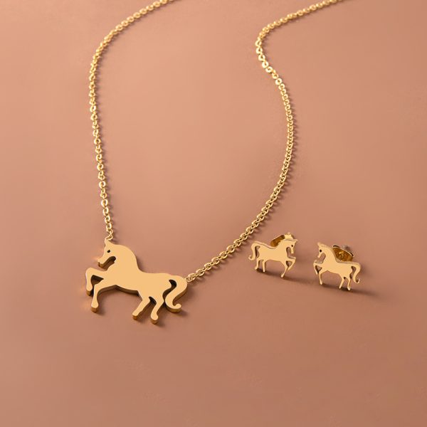 Stainless Steel Gold Silver Unicorn Horse Necklace Earrings Jewelry Set