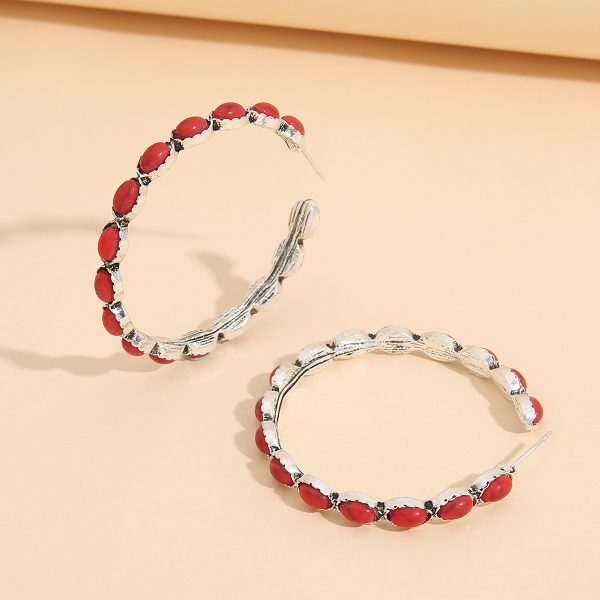 Retro Western Style Turquoise Large Circle C- Shaped Turquoise Eardrop Earring