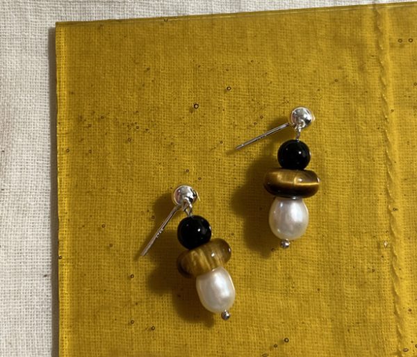S925 Sterling Silver Natural Tigereye Black Agate Pearl