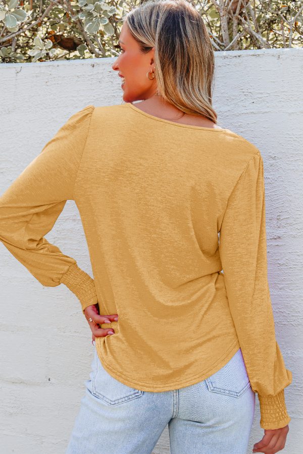 Sky Blue Shirred Shoulder Frilled Cuffs Long Sleeve Top