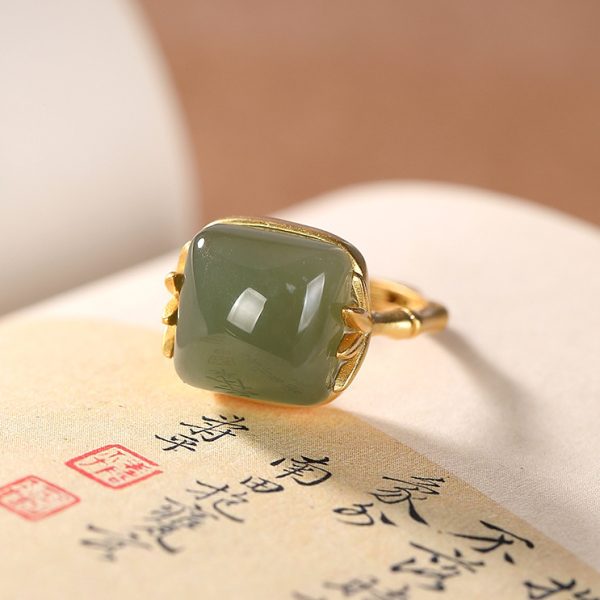 S925 Silver Ring Natural Hetian Gray Jade Retro