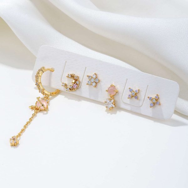 925 Silver Needle Flower Suit Combination Micro Zircon-encrusted Stud Earrings Six-piece Set Ornament